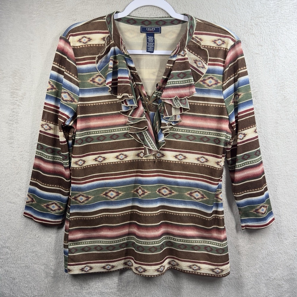 Chaps Aztec Lace Up Ruffle V-Neck Top Womens XL Western Southwestern Mesh Sleeve